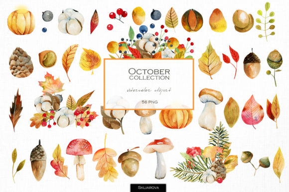 Download October. Watercolor Autumn Clipart. - October Collection